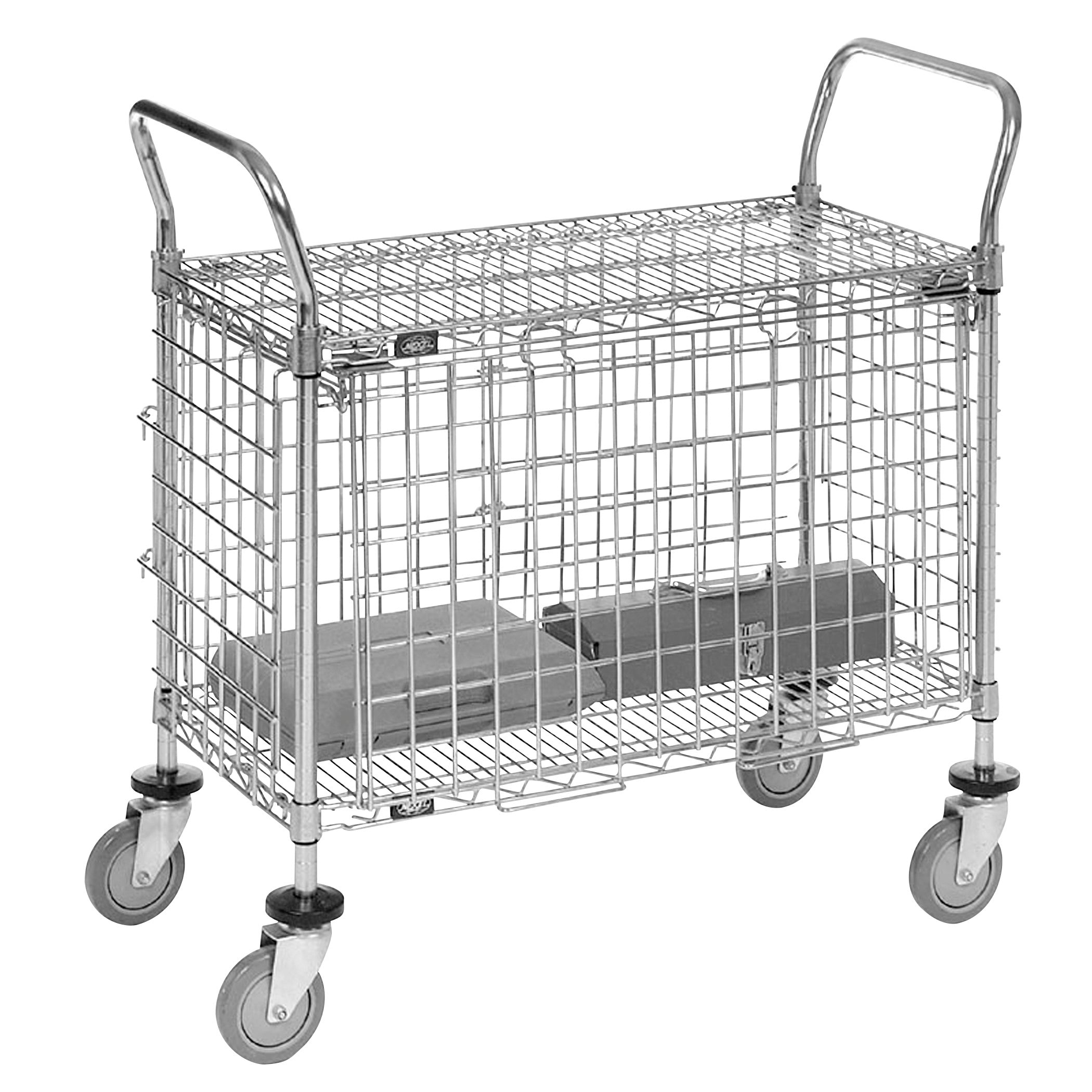 Nexel Security Cart, a metal wire cart with a cage design, has two handles and four caster wheels for mobility.