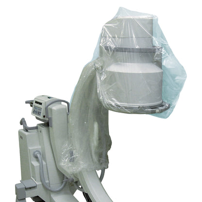 The TIDI Disposable C-Arm Drape covers a GE OEC Elite Series 9600/9800/9900 machine, protecting it with a clear, plastic material.