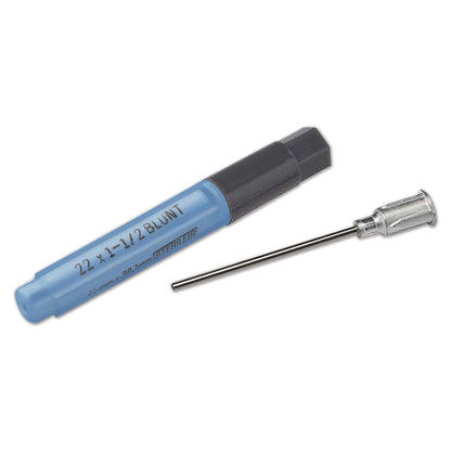 A Blunt Cannula Needle with a blue and black protective cap is shown. The needle is metal, with a blunt tip and a connector.