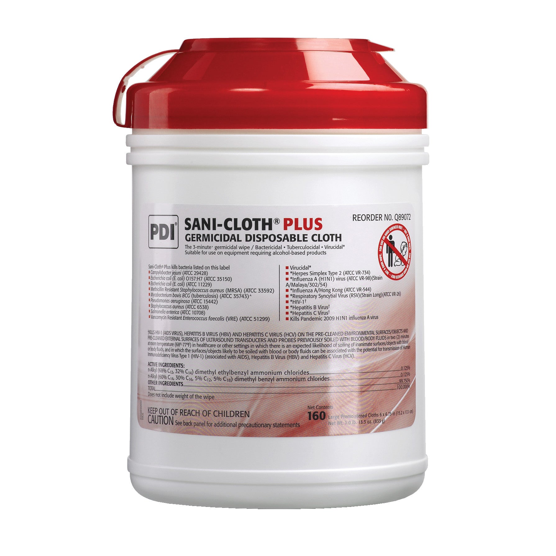 Container of PDI Sani-Cloth Plus Germicidal Disposable Wipes with a red lid and detailed label information.
