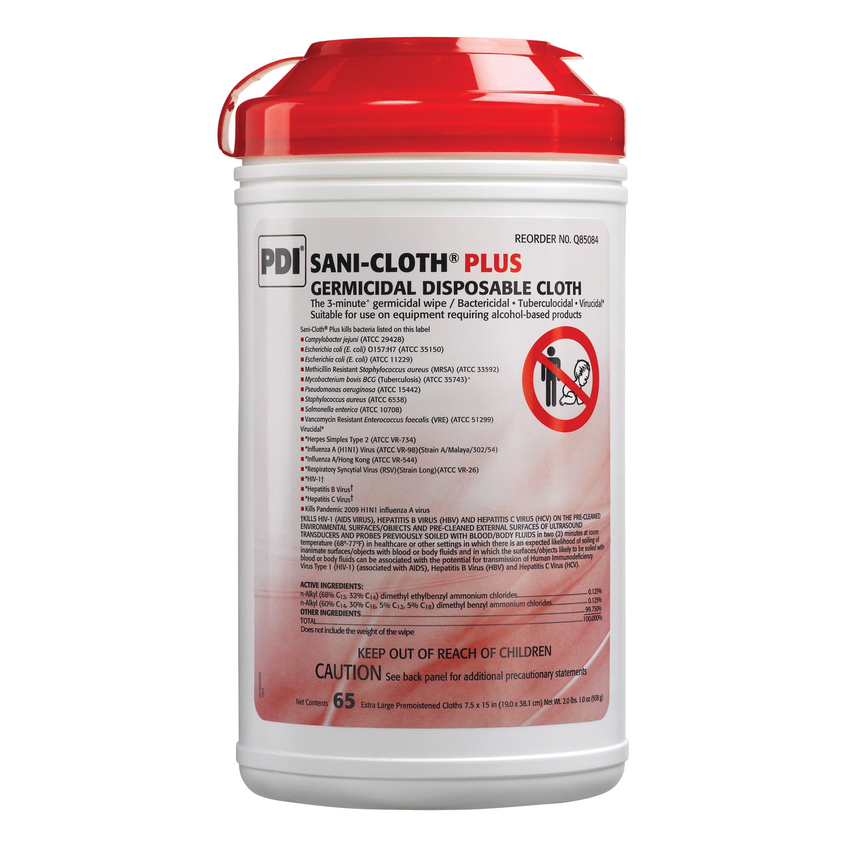 Container of PDI Sani-Cloth Plus Germicidal Disposable Wipes with a red lid, featuring product details and safety instructions.