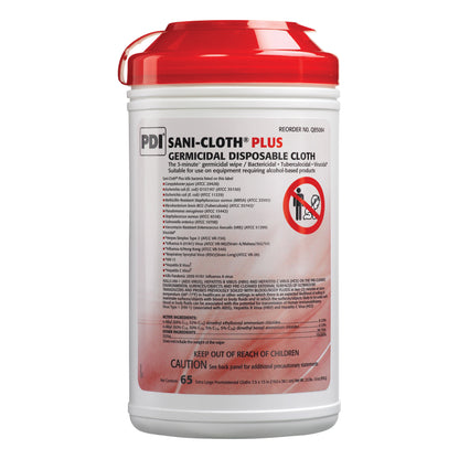 Container of PDI Sani-Cloth Plus Germicidal Disposable Wipes with a red lid, featuring product details and safety instructions.
