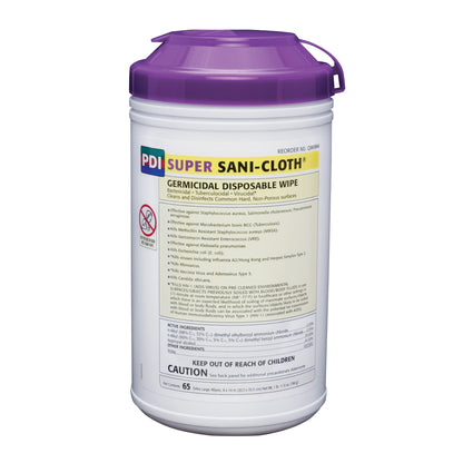 Container of PDI Super Sani-Cloth Germicidal Disposable Wipes with a purple lid, designed to disinfect non-porous surfaces.