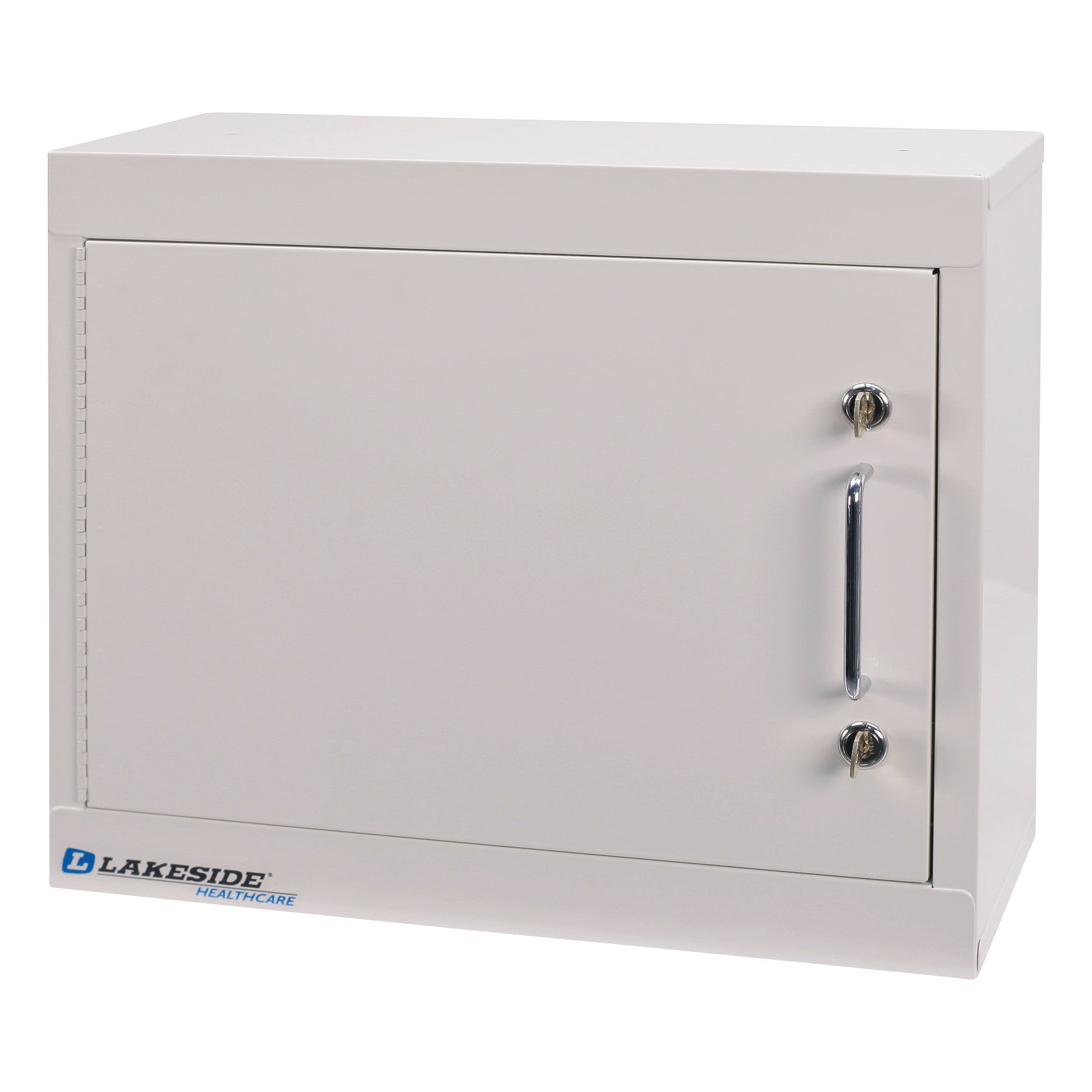 White Lakeside Double-Lock Narcotics Box with two locks and a handle on the front.
