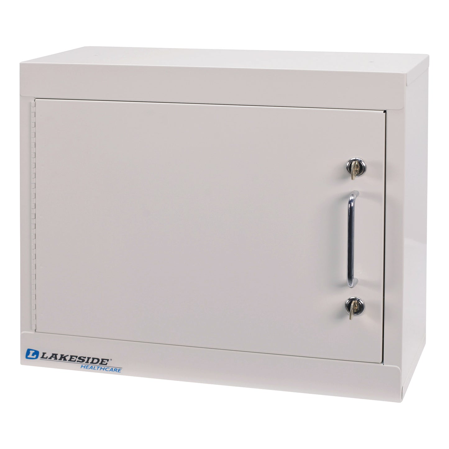 White Lakeside Double-Lock Narcotics Box with two locks and a handle on the front.