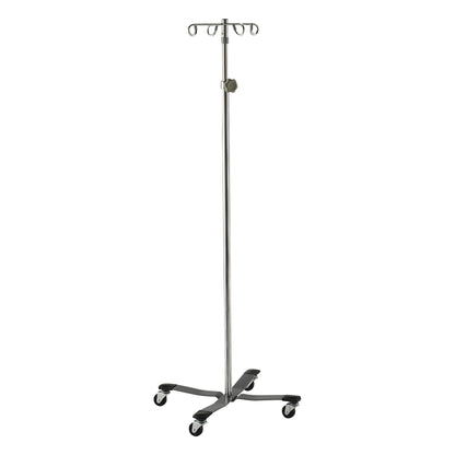 Lakeside Heavy-Duty Four-Leg Healthcare IV Pole with caster wheels and multiple hooks on a tall metal stand.