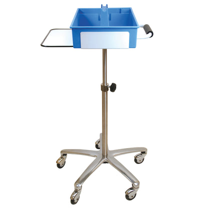 Workstation Phlebotomy Cart with Tray featuring a blue tray, adjustable stand, and wheels for mobility.