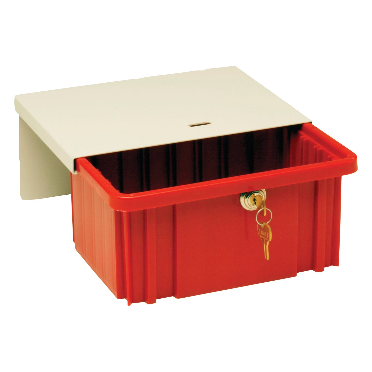 A Large Locking Drawer for Workstation Phlebotomy Cart, red with a white top, featuring a key lock and two keys.