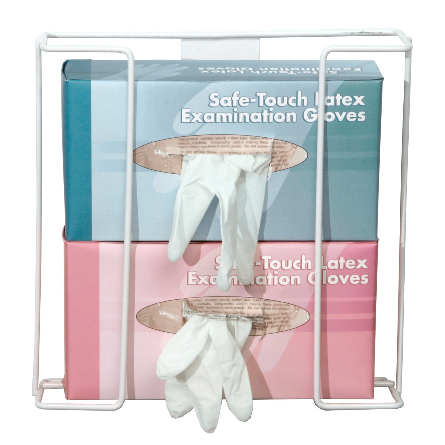 AliMed Wire Glove Dispenser holds two boxes of "Safe-Touch Latex Examination Gloves" with gloves accessible through openings.