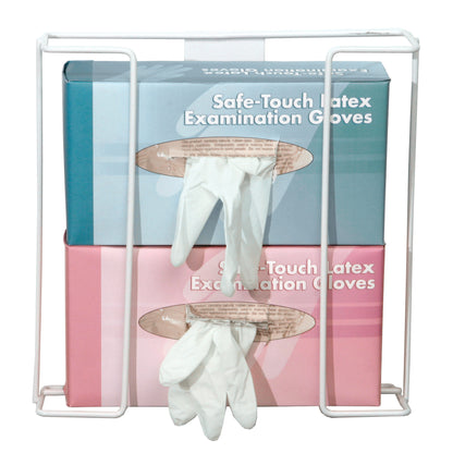 AliMed Wire Glove Dispenser holds two boxes of "Safe-Touch Latex Examination Gloves" with gloves accessible through openings.