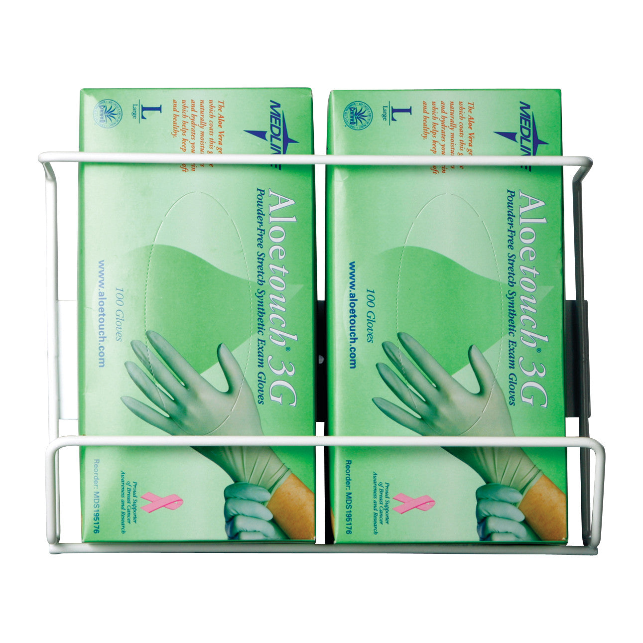 Two green boxes of Aloetouch 3G gloves are stored in an AliMed Wire Glove Dispenser, featuring a metal frame for organization.