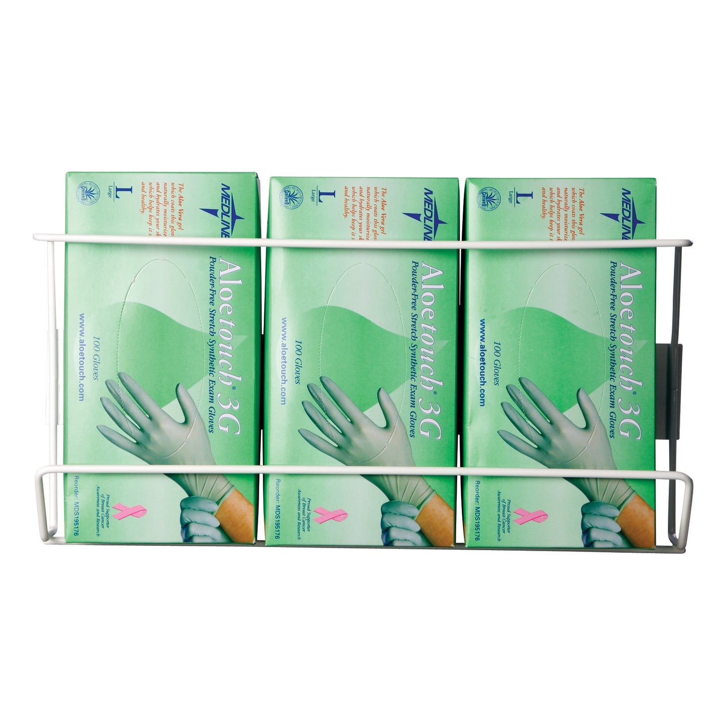 Three boxes of Aloetouch 3G gloves are displayed in an AliMed Wire Glove Dispenser.