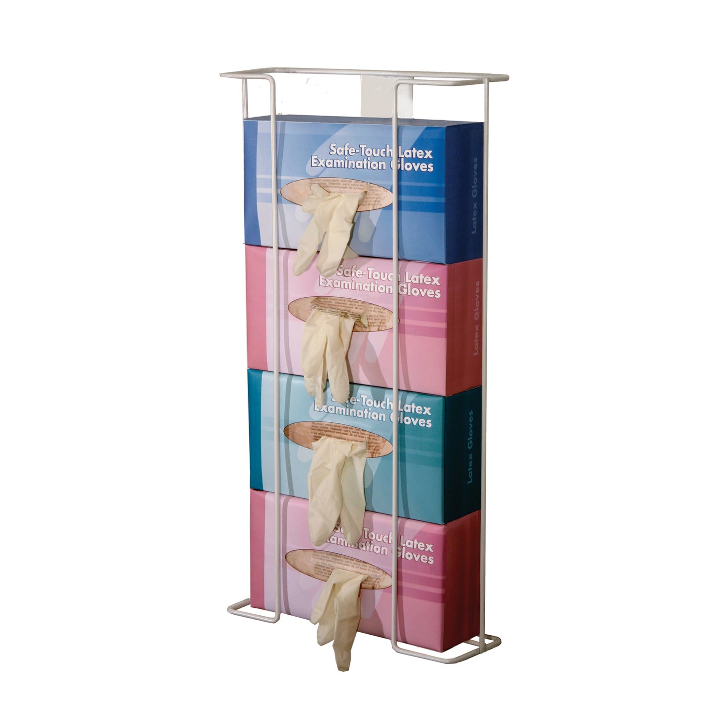 AliMed Wire Glove Dispenser holding boxes of latex examination gloves, with gloves partially pulled out of openings.