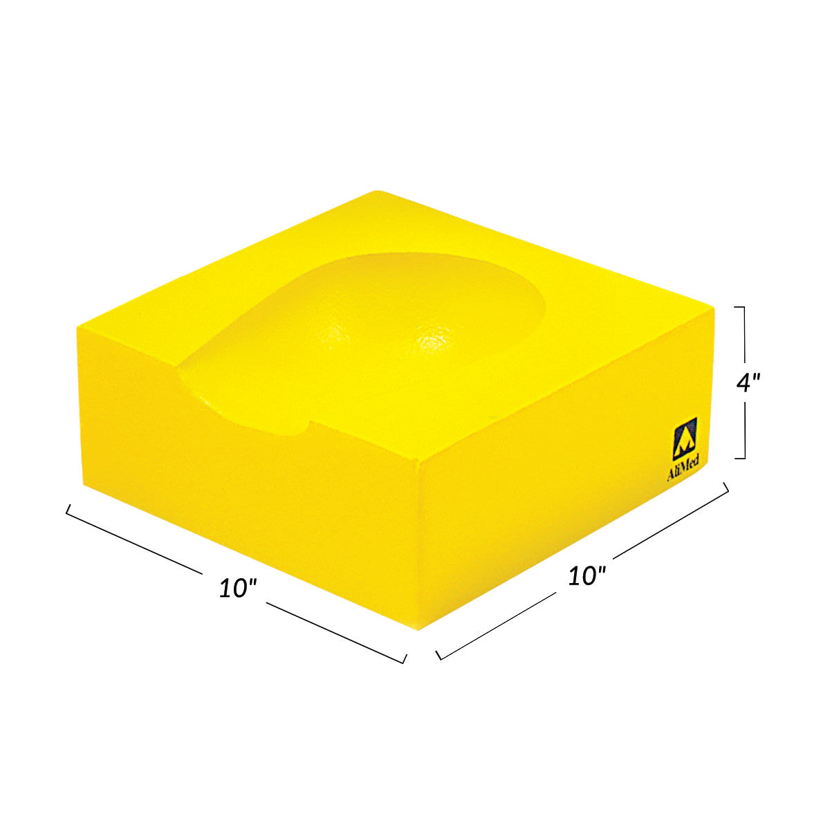 Yellow AliMed Protecta-Coat Occipital Head Support with a curved indentation, measuring 10"x10"x4".