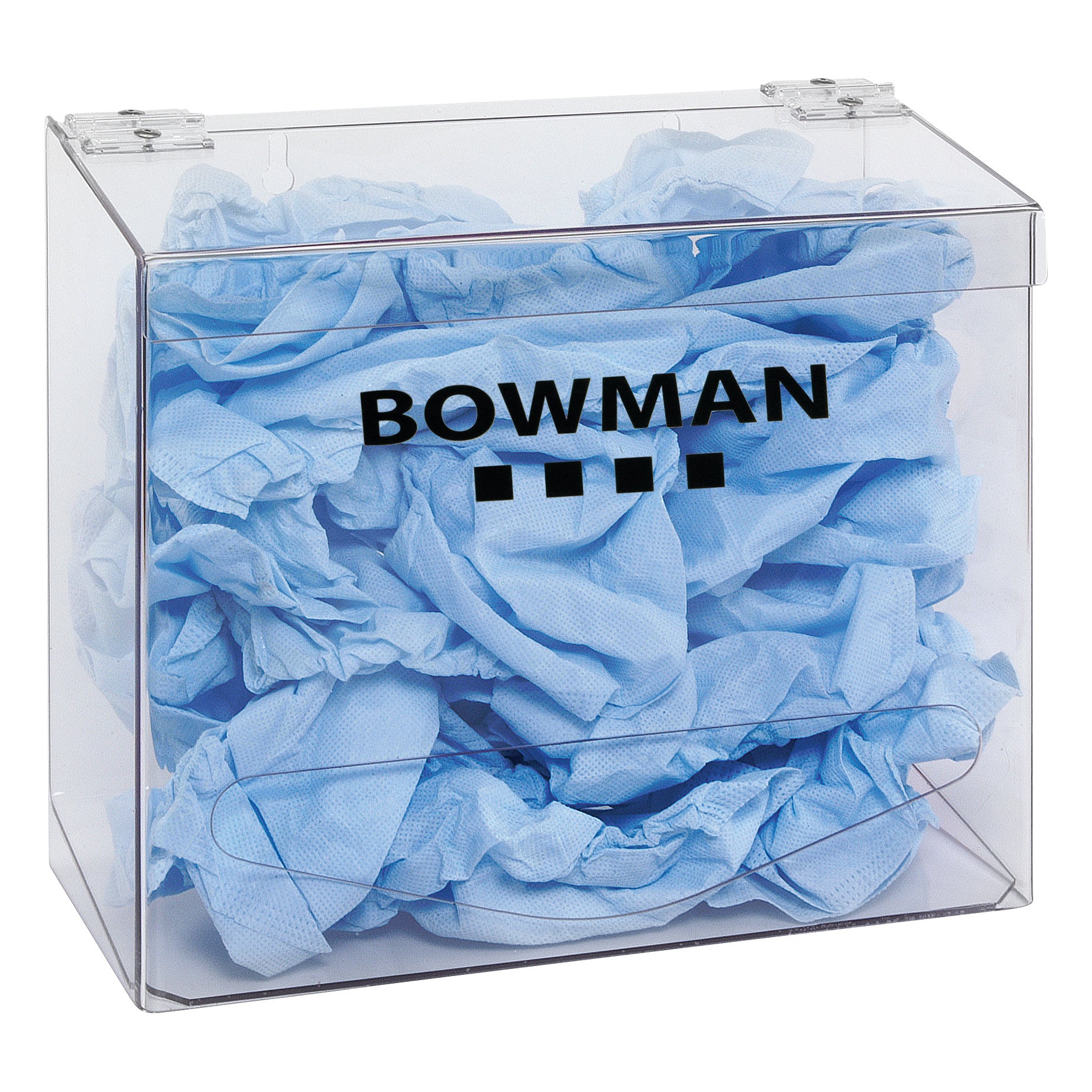 Bowman Bulk Glove Dispenser is a clear container filled with blue exam  gloves for easy storage, viewing and access.