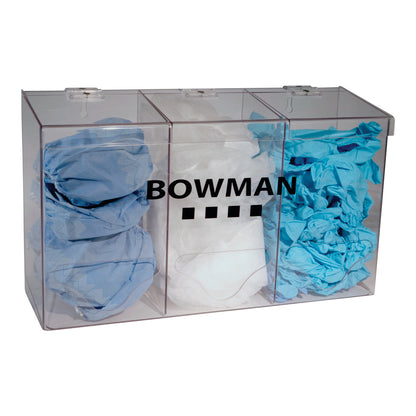 Clear Bowman Bulk Glove Dispenser holding blue and white gloves for easy storage, viewing  and access.