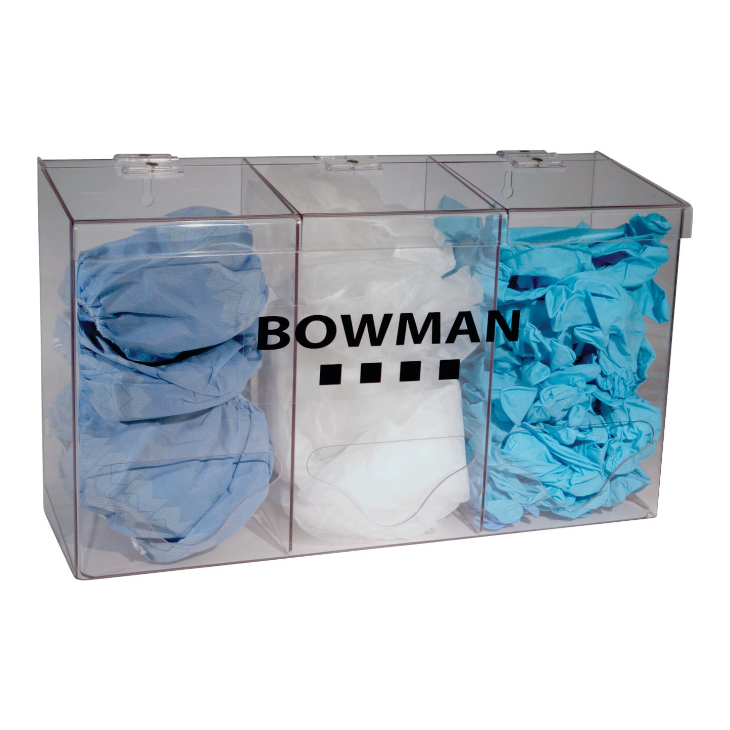 A Bowman Bulk Glove Dispenser with three compartments holding blue and white gloves, organized in a transparent case.