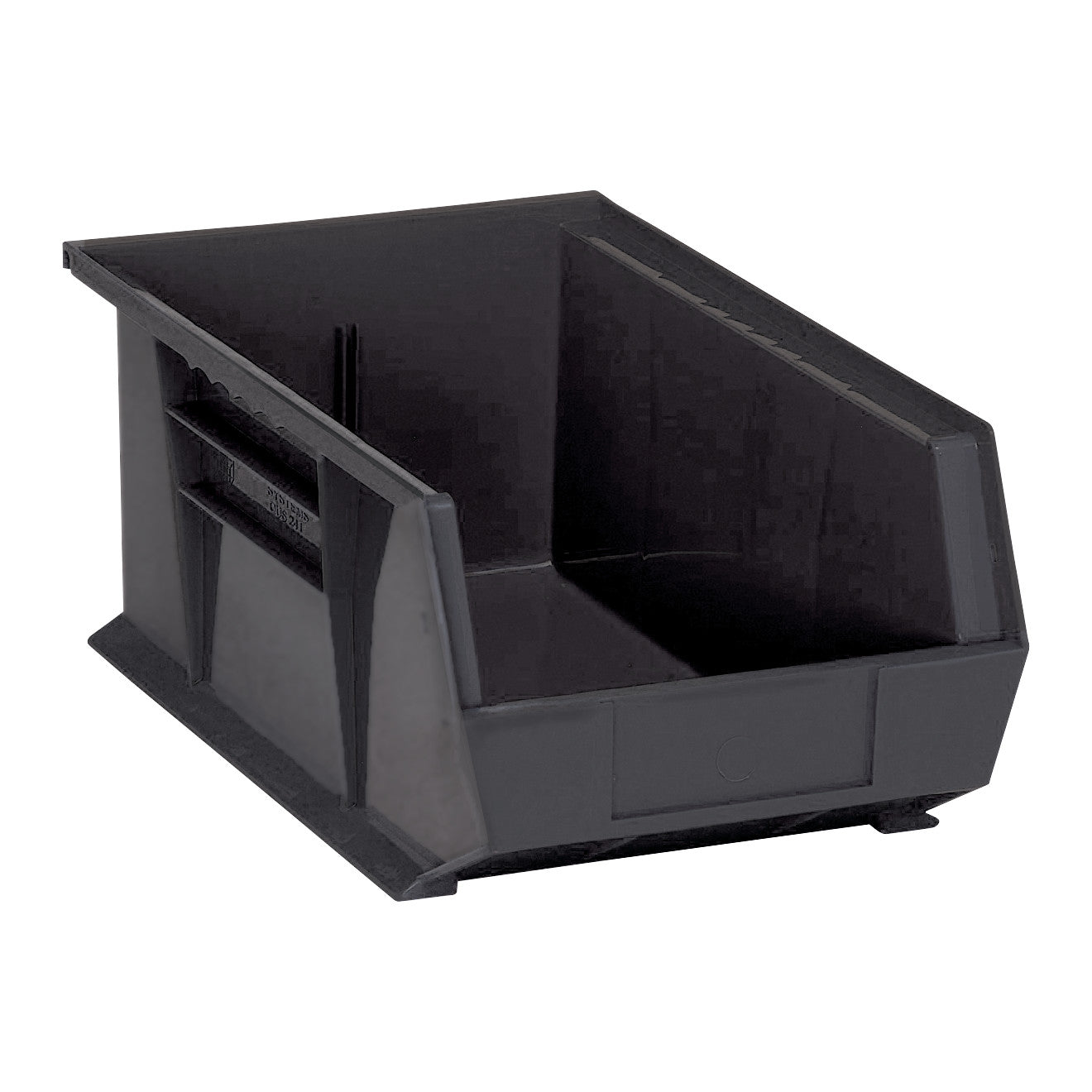 A black Quantum Ultra Stack and Hang Bin is shown, designed for organizing and storing items. It has a front opening for access.