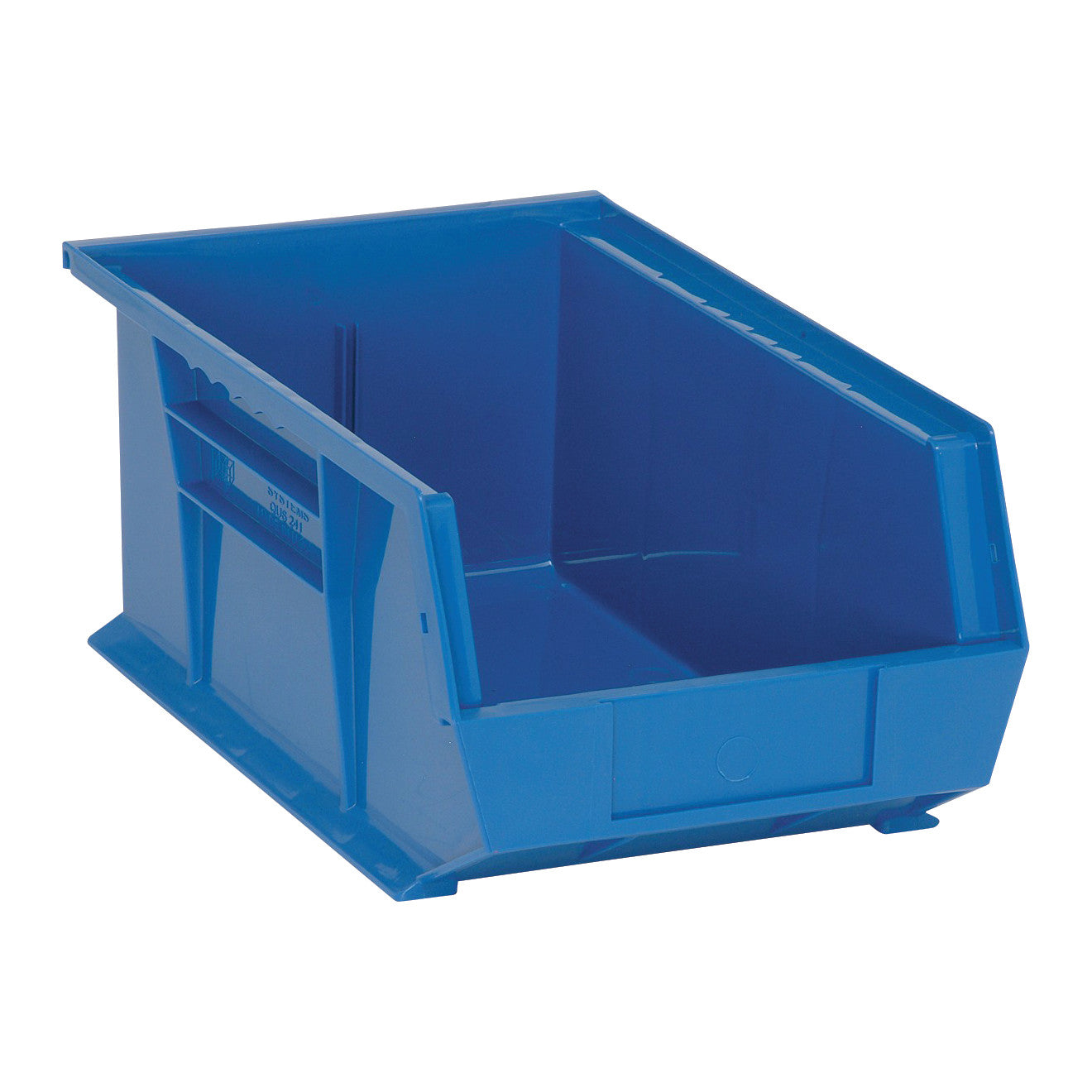Blue Quantum Ultra Stack and Hang Bin with an open front for easy access and storage, featuring sturdy, interlocking sides.