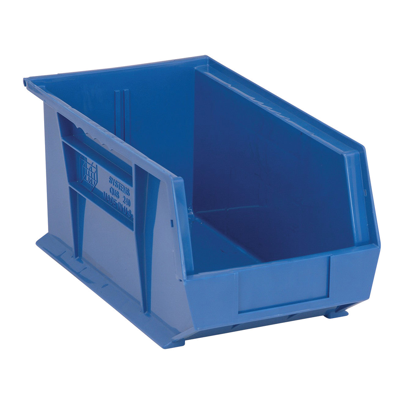 A blue Quantum Ultra Stack and Hang Bin with an open front designed for storage and organization.