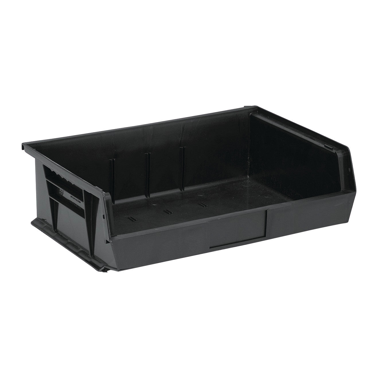 A black Quantum Ultra Stack and Hang Bin with a sloped front and reinforced sides, designed for storage and organization.