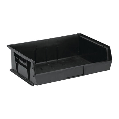 A black Quantum Ultra Stack and Hang Bin with a sloped front and reinforced sides, designed for storage and organization.