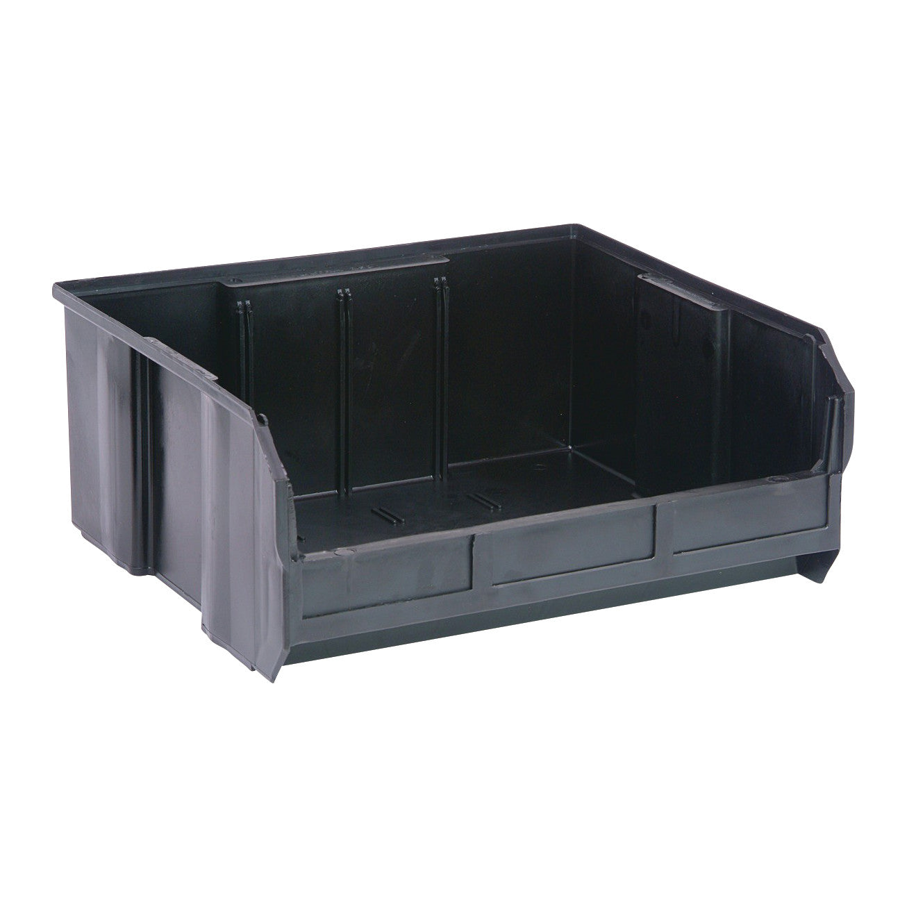 A Quantum Ultra Stack and Hang Bin, black, made of durable plastic, designed for storage with a front opening for easy access.