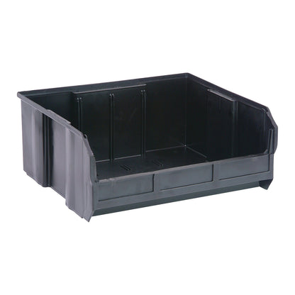 A Quantum Ultra Stack and Hang Bin, black, made of durable plastic, designed for storage with a front opening for easy access.