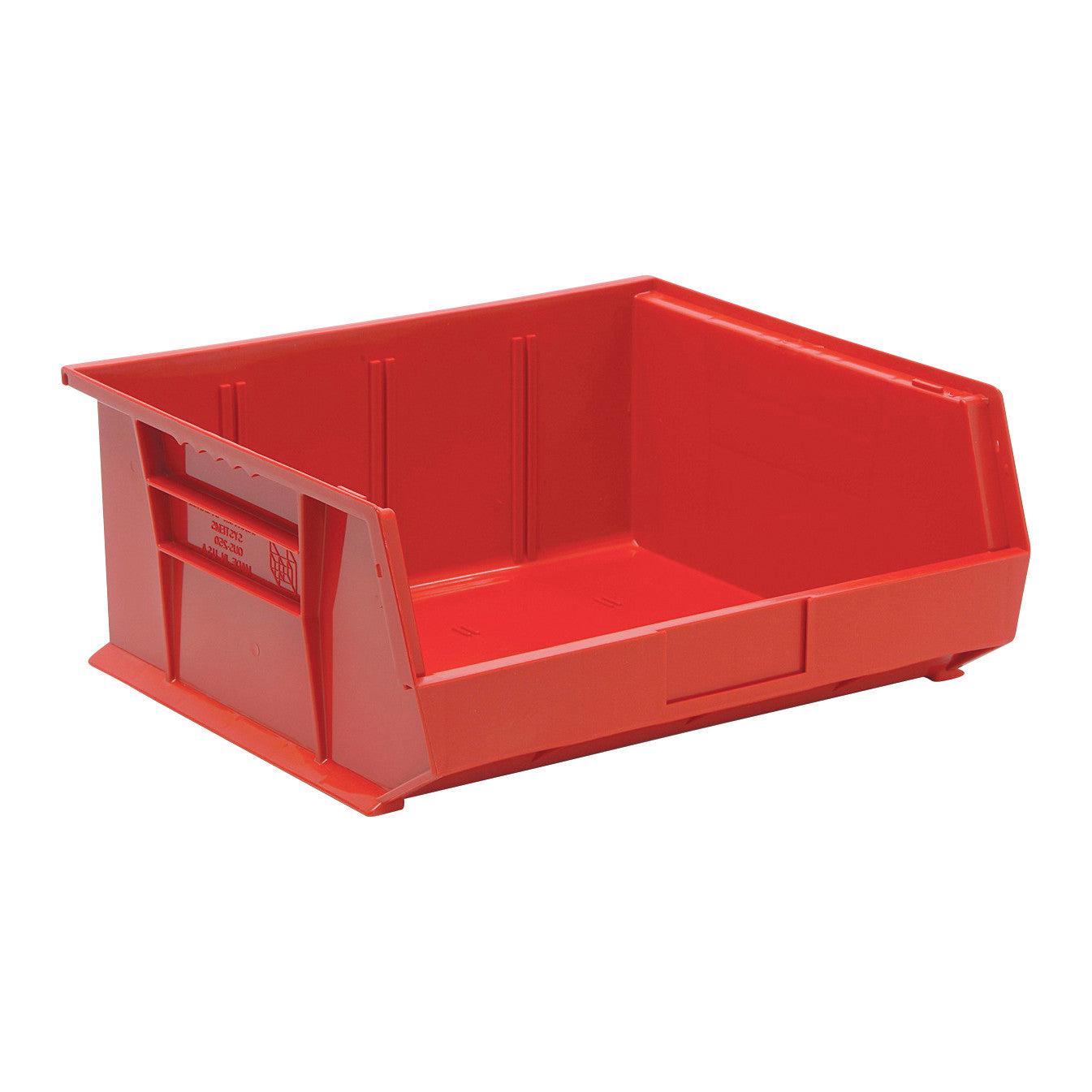 A red Quantum Ultra Stack and Hang Bin with an open front for easy access, designed for organizing and storing various items.