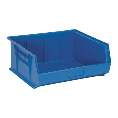 A blue Quantum Ultra Stack and Hang Bin with an open front and solid sides is shown. It is designed for organizing and storage.