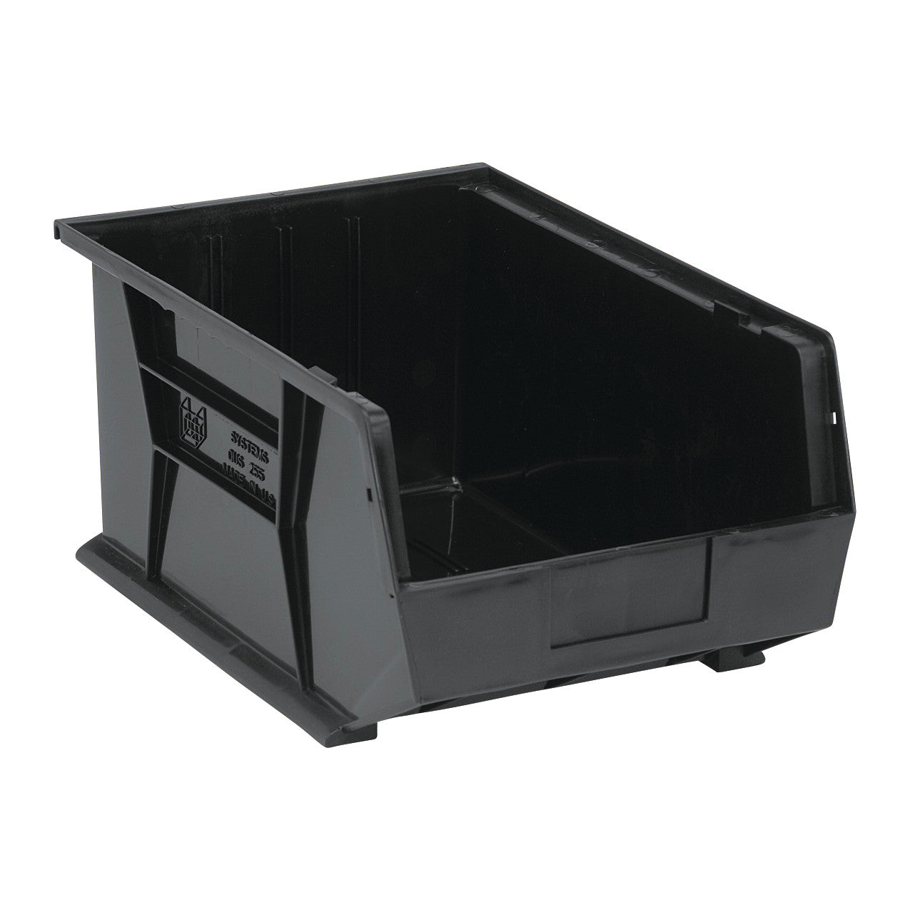 A black Quantum Ultra Stack and Hang Bin with an open front for easy access and label area, designed for efficient storage.