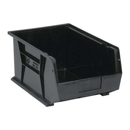 A black Quantum Ultra Stack and Hang Bin with an open front for easy access and label area, designed for efficient storage.