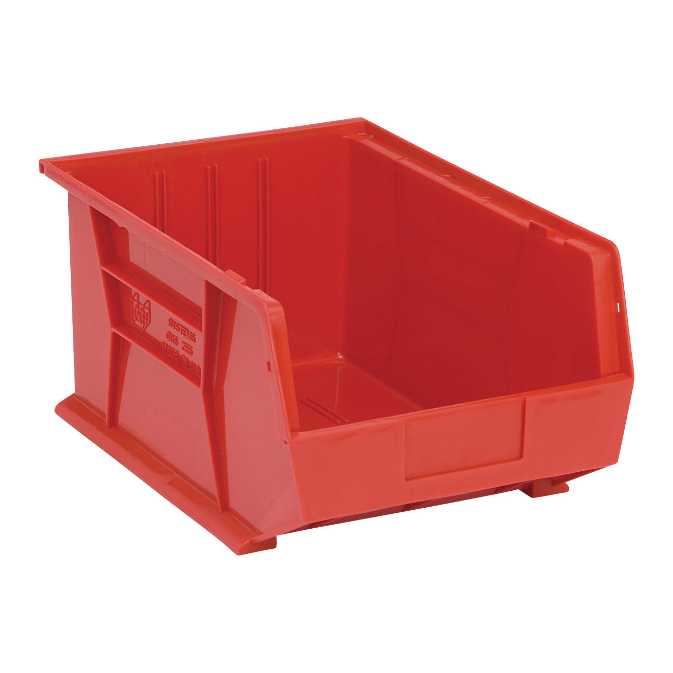 Red Quantum Ultra Stack and Hang Bin with open front and reinforced sides, designed for storage and organization.
