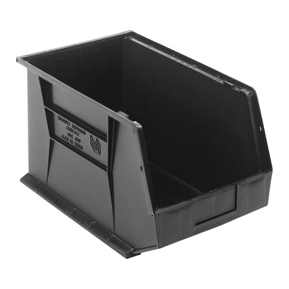 A black Quantum Ultra Stack and Hang Bin with an open front for easy access. Made from durable plastic for storage purposes.