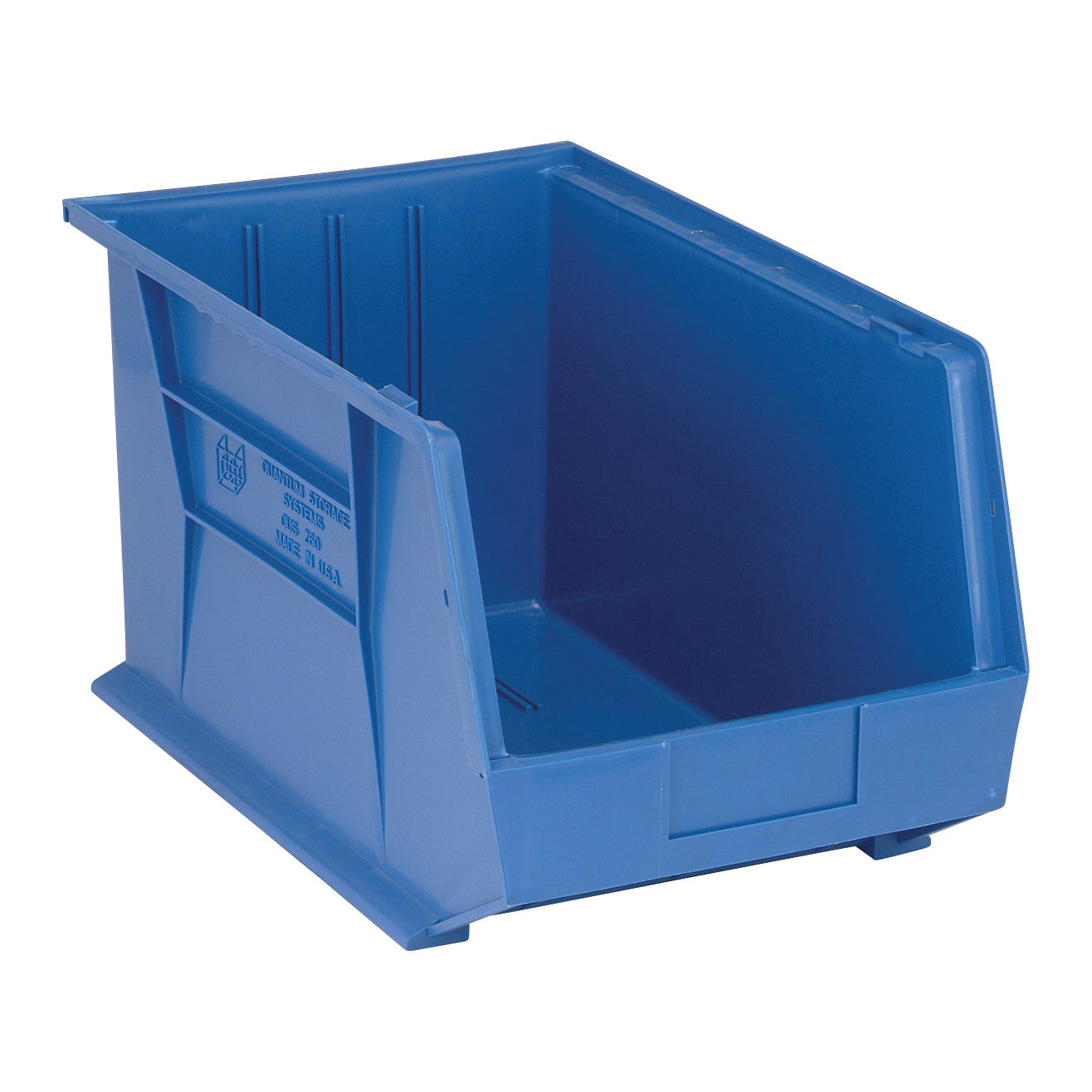 A blue Quantum Ultra Stack and Hang Bin is shown. It has an open front and side grooves for stacking or hanging.