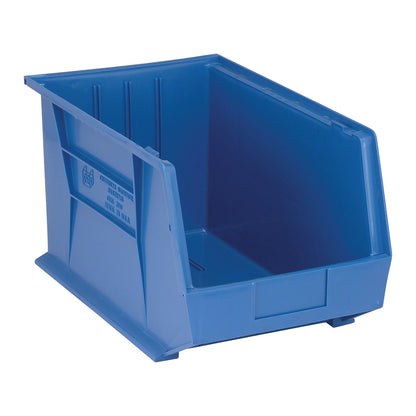 A blue Quantum Ultra Stack and Hang Bin is shown. It has an open front and side grooves for stacking or hanging.