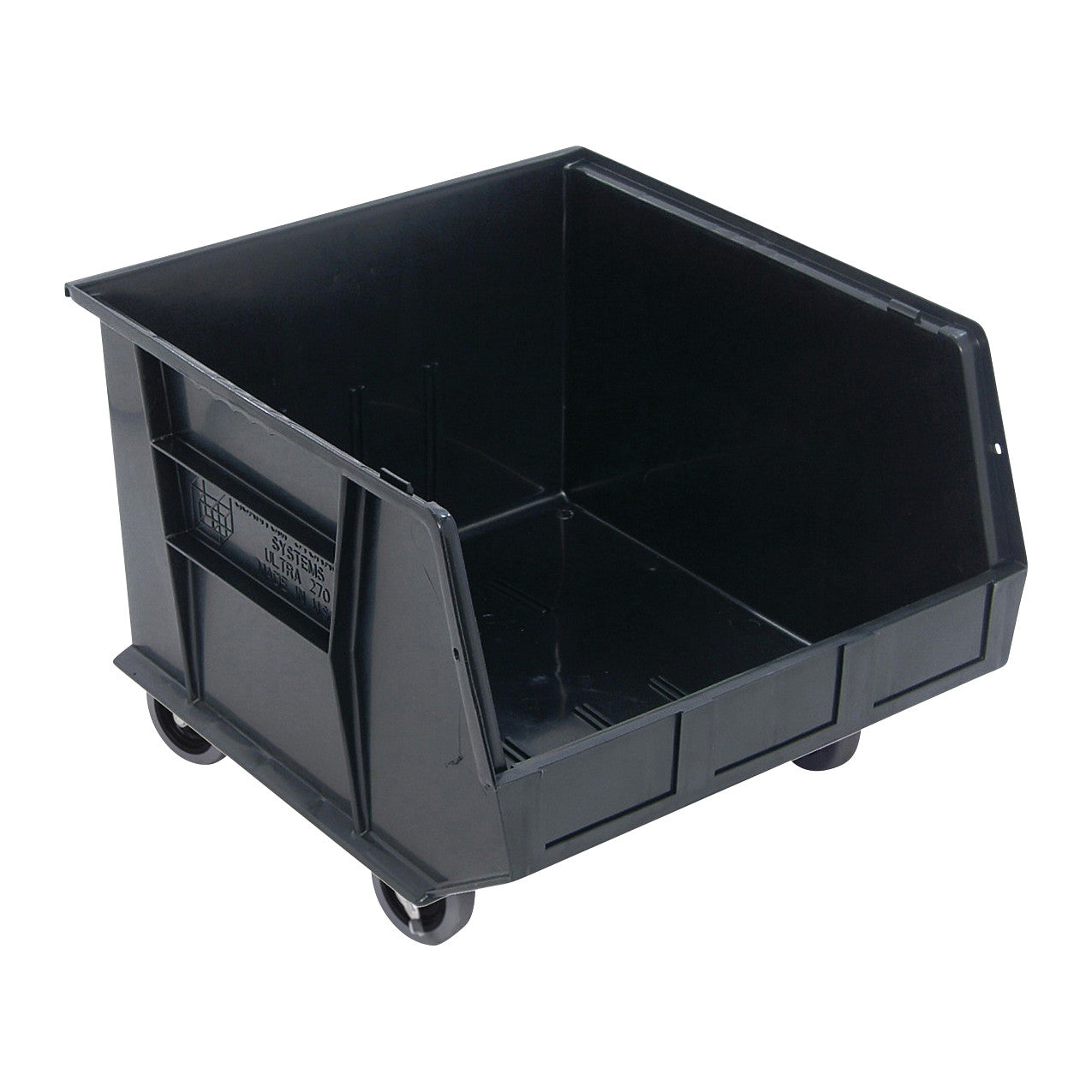A black Quantum Mobile Ultra Stack and Hang Bin on wheels, with an open front for easy access and sturdy construction.
