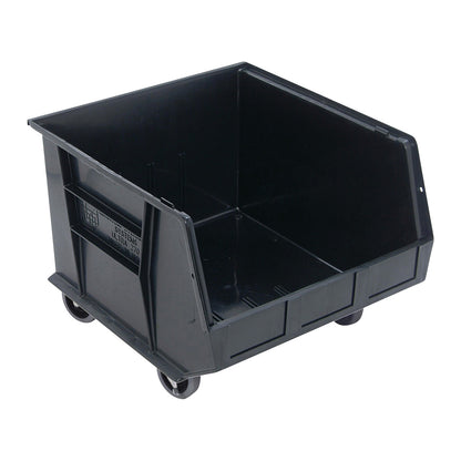 A black Quantum Mobile Ultra Stack and Hang Bin on wheels, with an open front for easy access and sturdy construction.