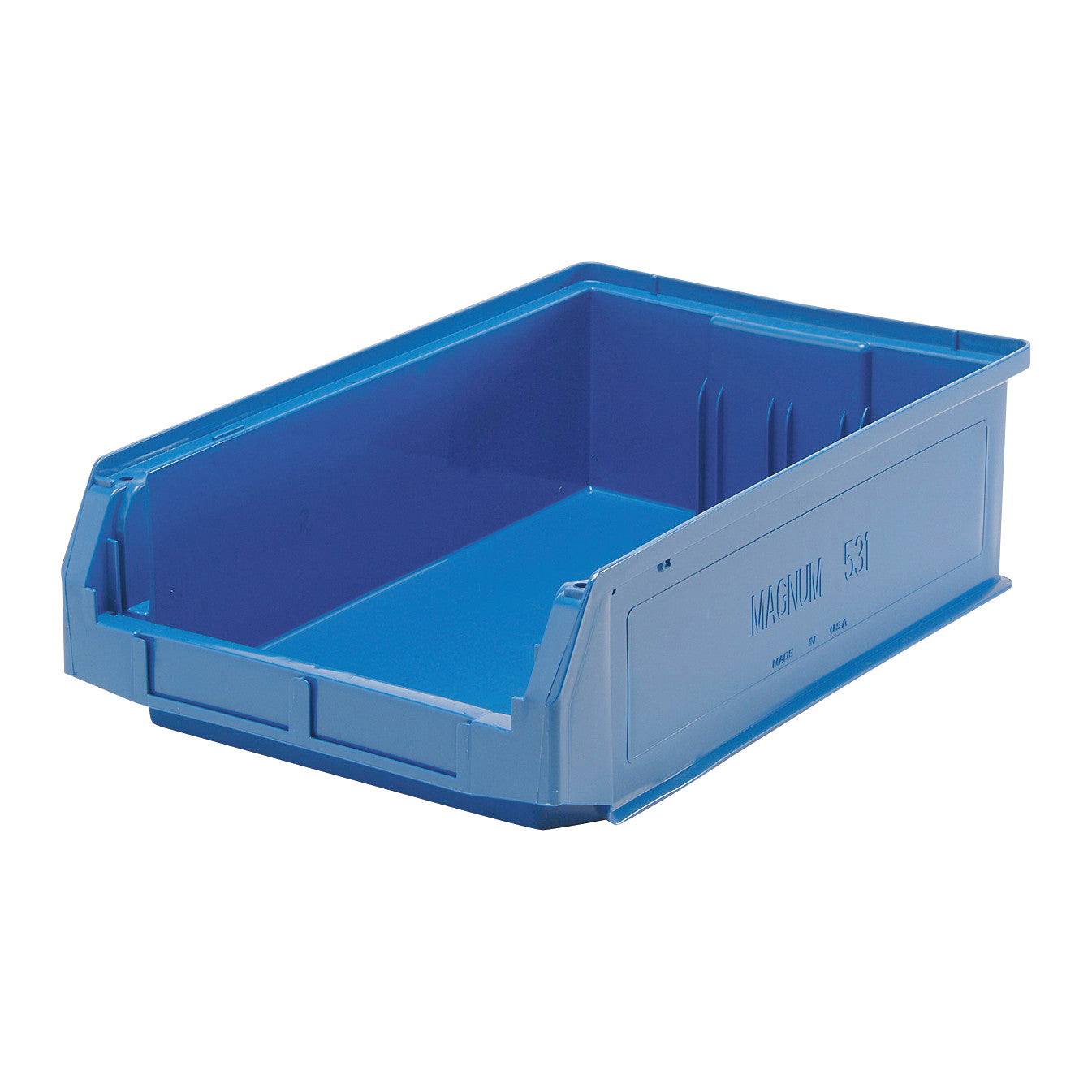 A blue Quantum Ultra Stack and Hang Bin with an open front and durable plastic construction is shown.