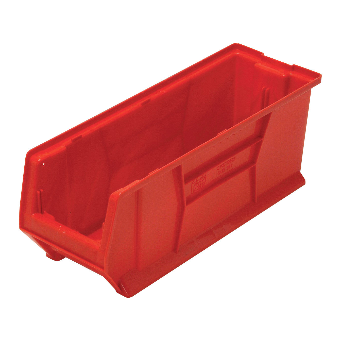 A red Quantum Hulk Container, featuring sturdy plastic construction with an open front for easy access and storage.