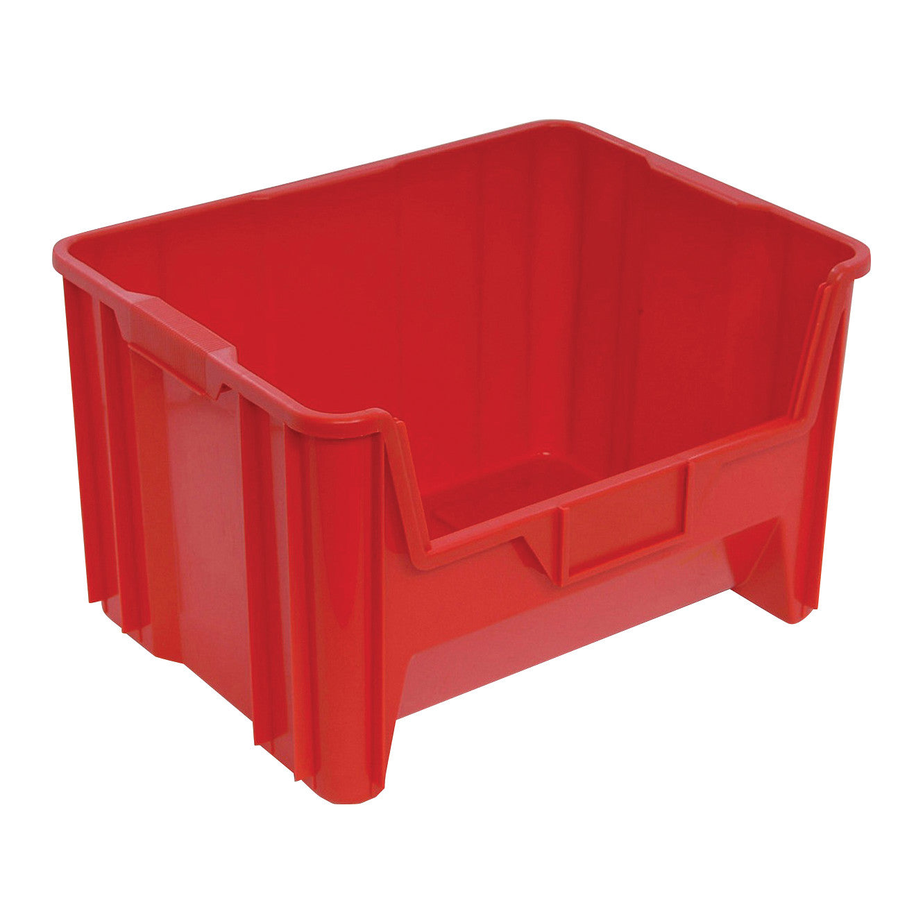 A red Quantum Giant Stack Container with raised edges and reinforced corners, designed for storage and stacking.