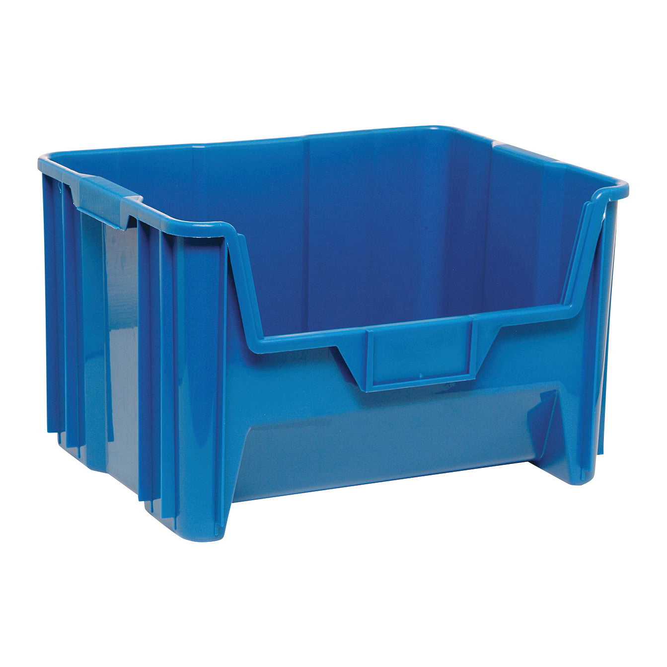 A blue Quantum Giant Stack Container with reinforced sides and a front label holder for storage and organization.