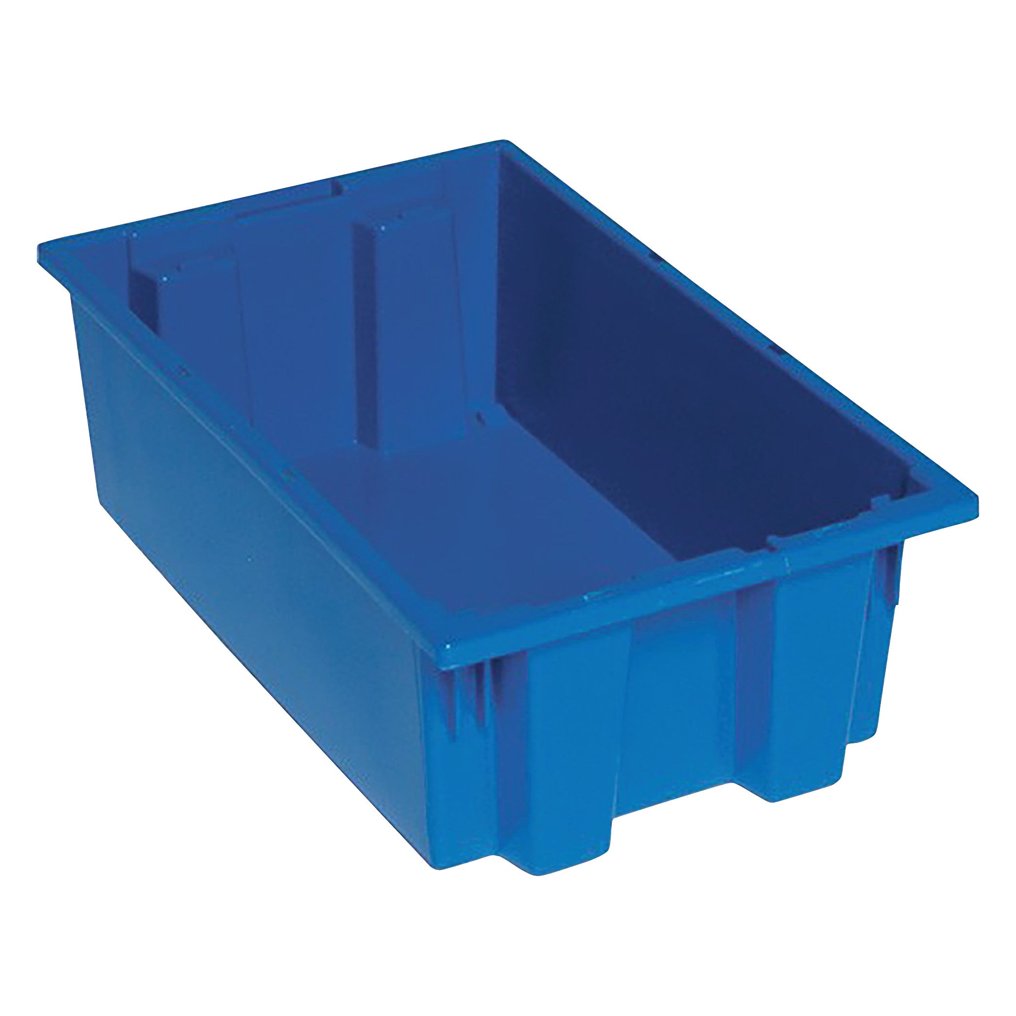 A blue Quantum Stack and Nest Tote, a rectangular plastic storage container with reinforced sides and a stackable design.