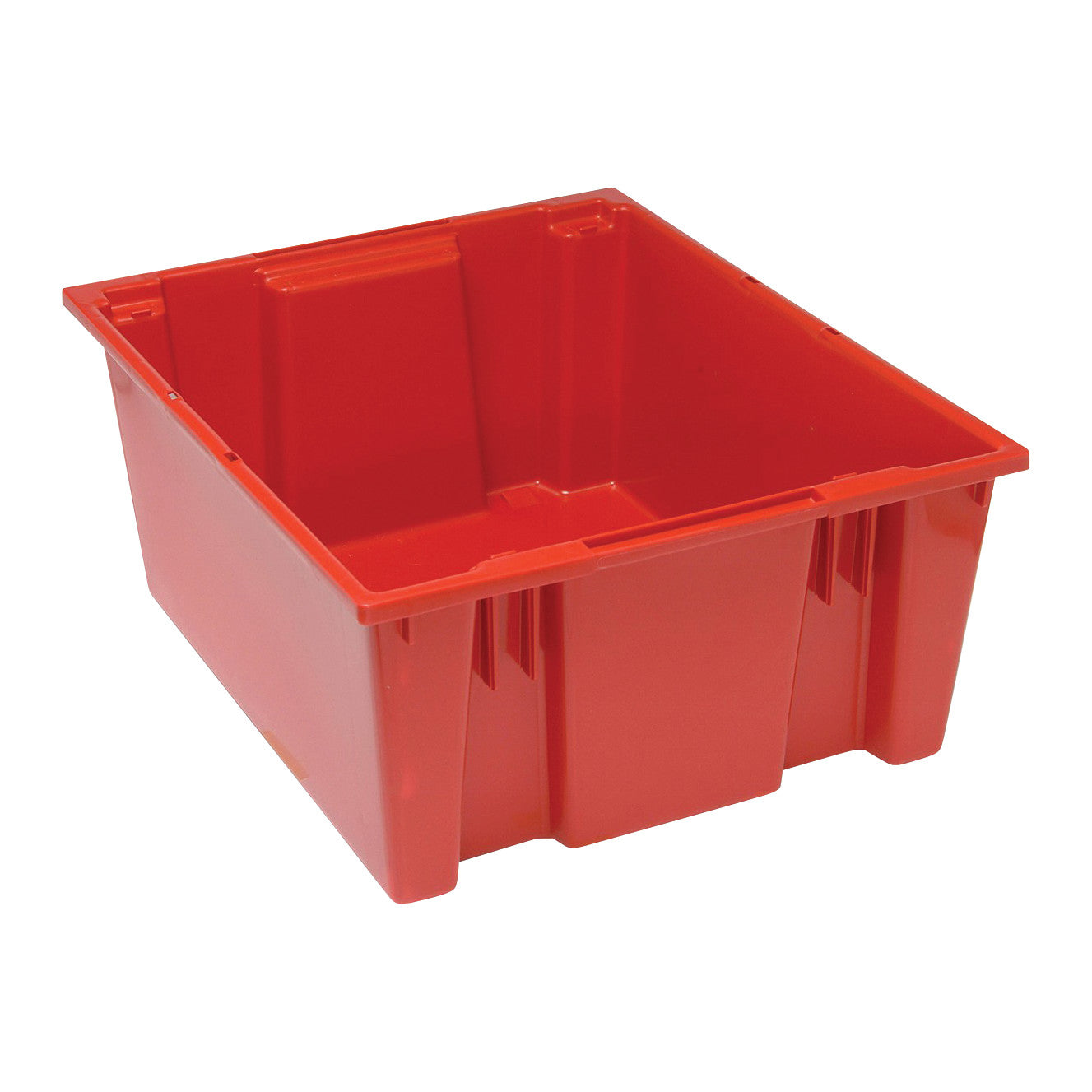 Red Quantum Stack and Nest Tote, a rectangular plastic storage bin designed for stacking and nesting.