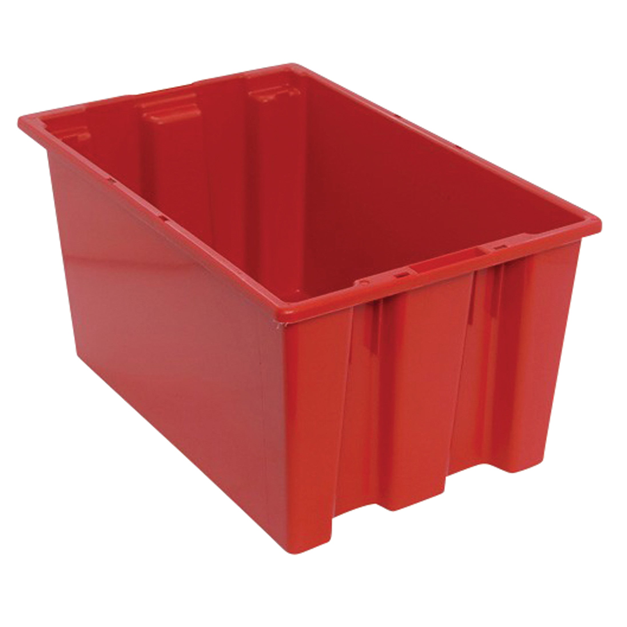 A red Quantum Stack and Nest Tote is shown, featuring a rectangular shape with reinforced sides and a smooth interior.