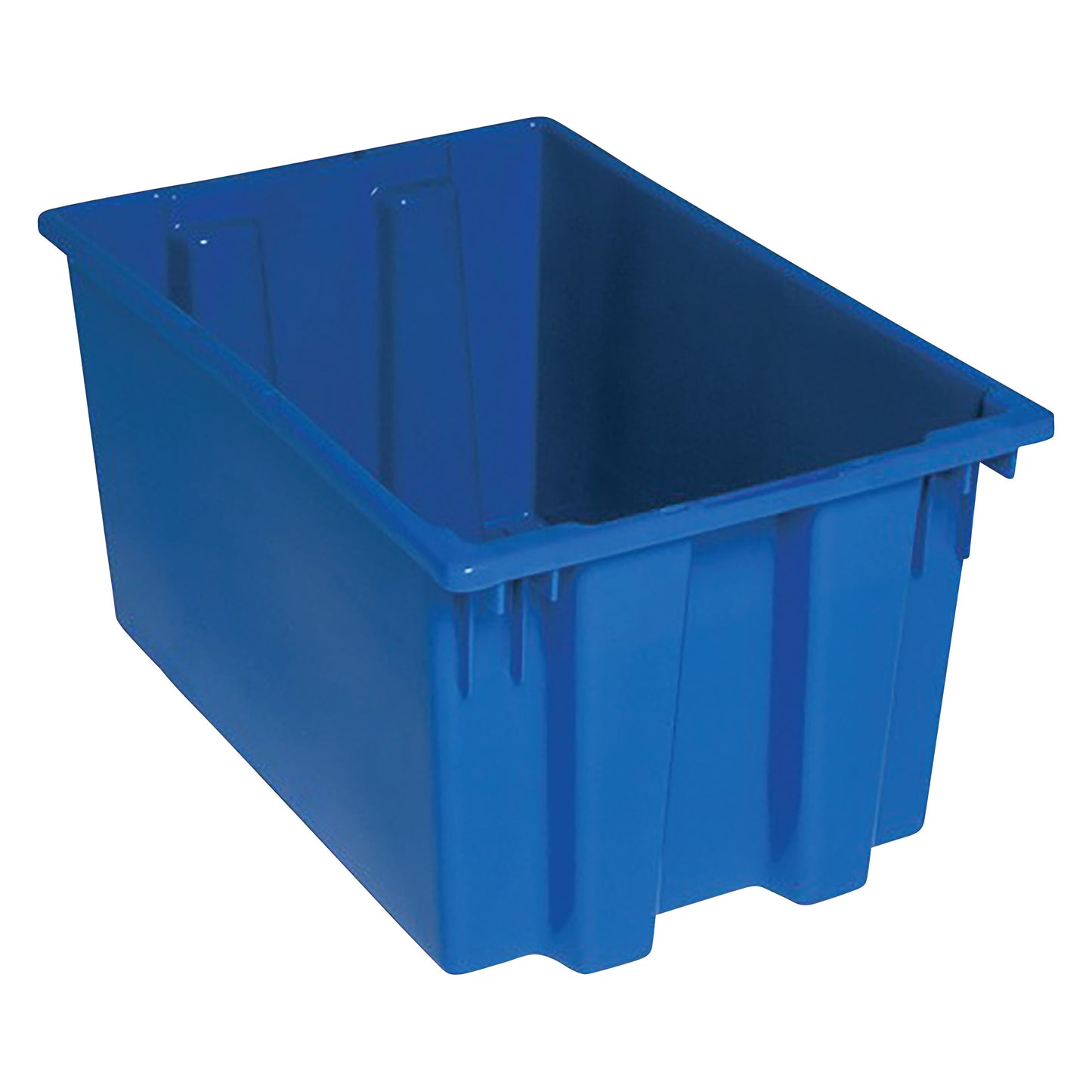 A blue Quantum Stack and Nest Tote, a large rectangular plastic storage container with reinforced sides and a textured exterior.