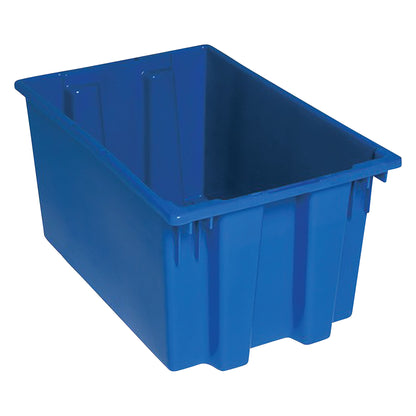 A blue Quantum Stack and Nest Tote, a large rectangular plastic storage container with reinforced sides and a textured exterior.