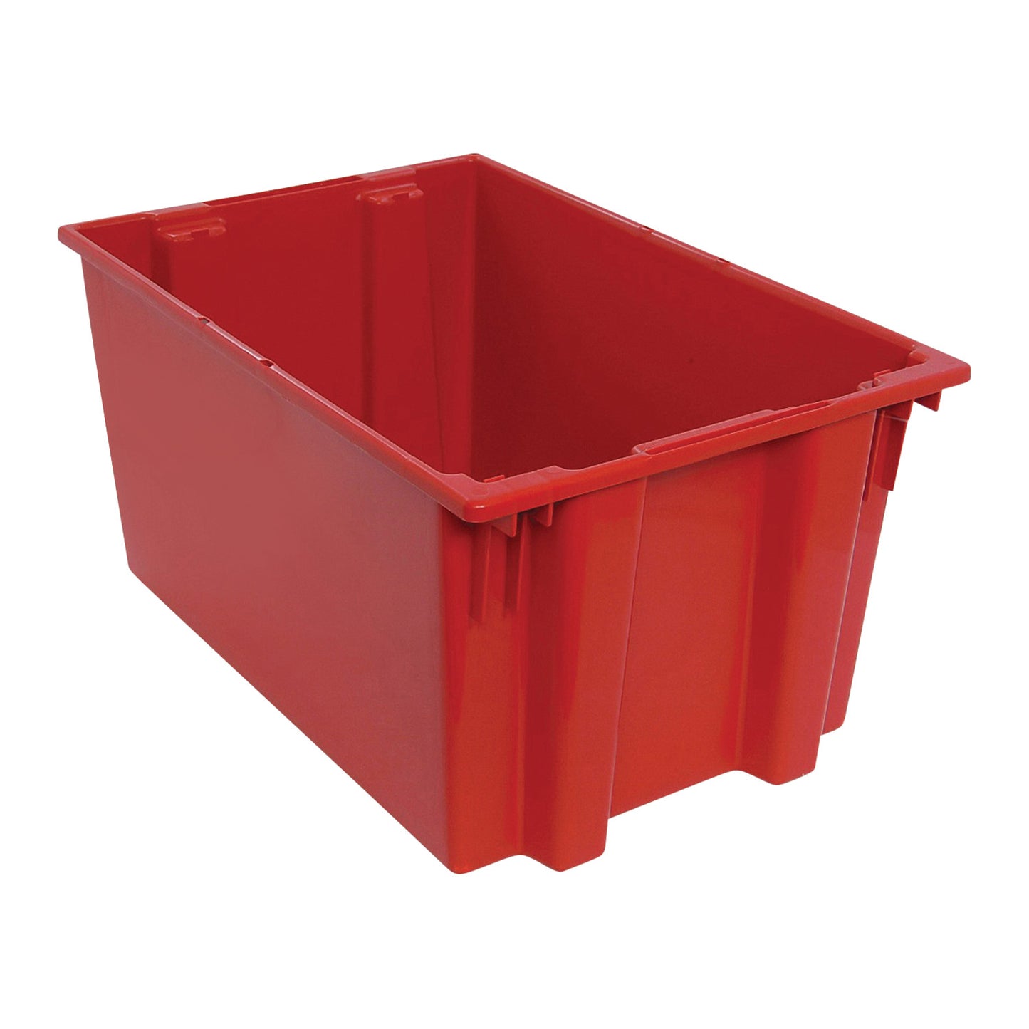 Red Quantum Stack and Nest Tote with a rectangular shape, featuring reinforced edges for durability and stacking capability.