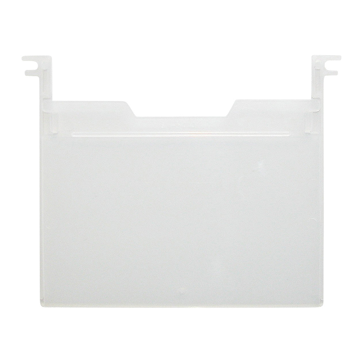 Clear plastic "Label Holder for Quantum Stack and Nest Tote" with bracket hooks on both sides.