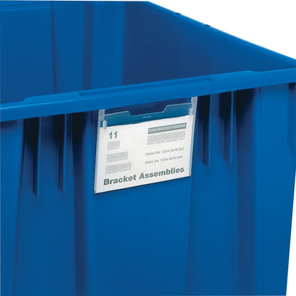 A blue bin with a Label Holder for Quantum Stack and Nest Tote, displaying a label for "Bracket Assemblies" with product details.